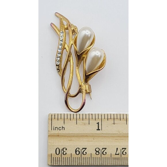 Vtg Brooch Double Pearl Cala Lily Rhinestones Gold Tone Pin Floral 80s *Read - Picture 7 of 7